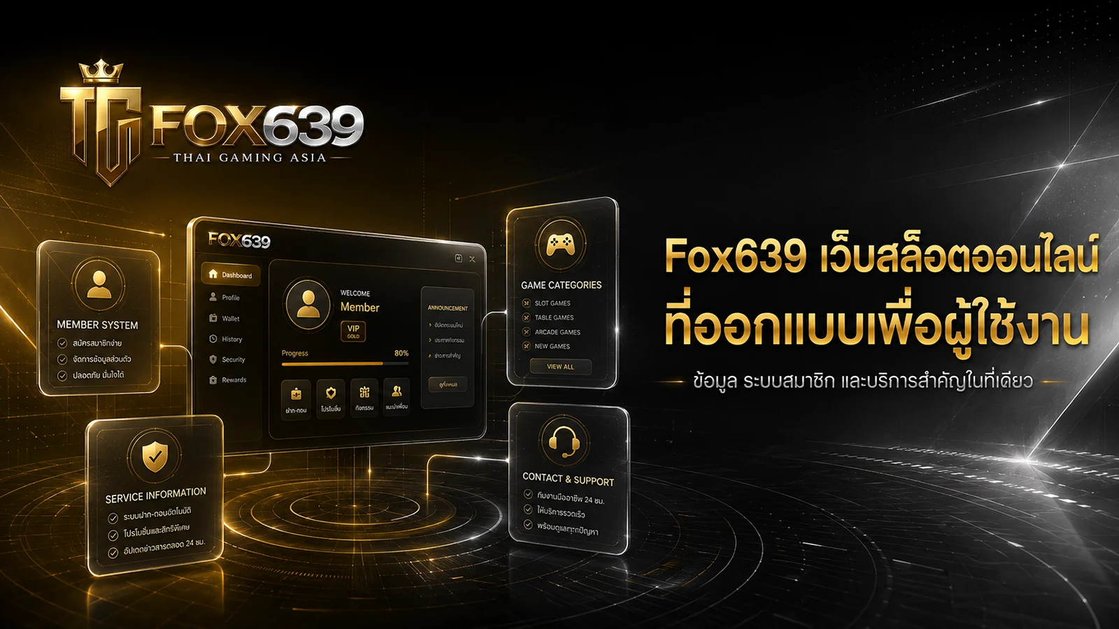 เกี่ยวกับเรา แพลตฟอร์ม Fox639 เชื่อมระบบสมาชิก หมวดเกมสล็อต ข้อมูลบริการ และช่องทางติดต่อ