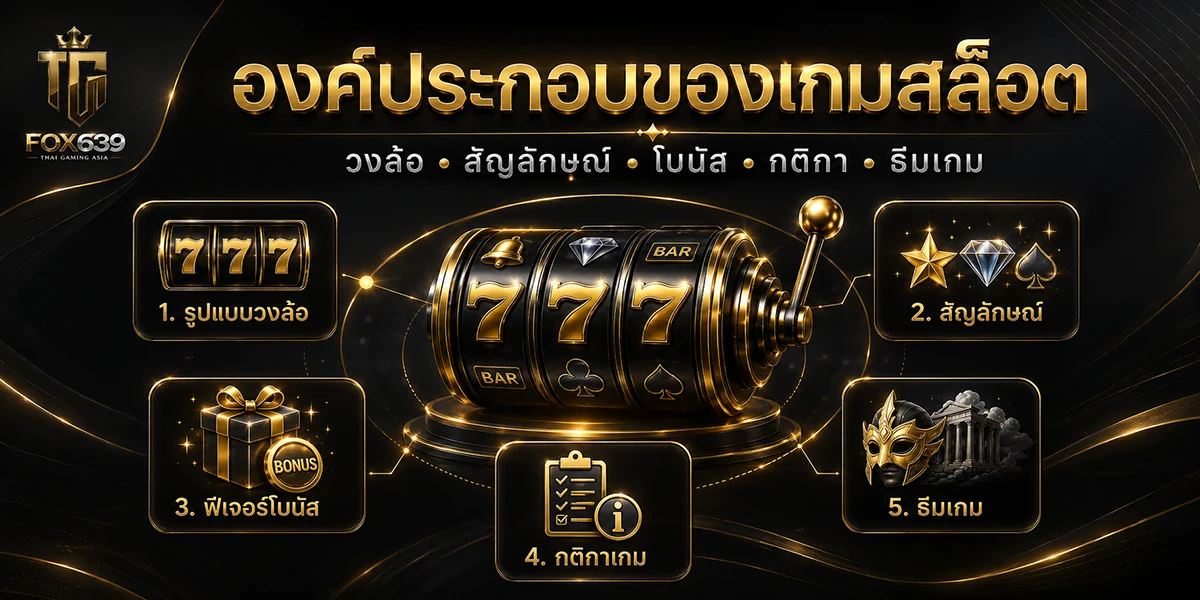 องค์ประกอบเกมสล็อต ได้แก่ วงล้อ สัญลักษณ์ ฟีเจอร์โบนัส กติกา และธีมเกม